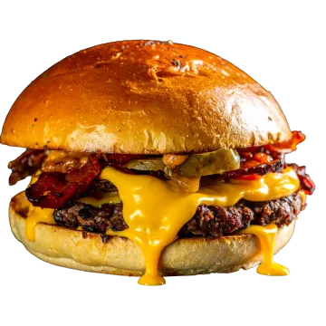 Cheese Burger mit Cheddar, roter Zwiebel und Essiggurken