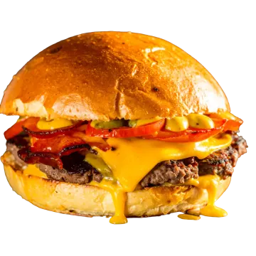 Classic Burger mit Salat, Tomate, Essiggurken und Cheddar
